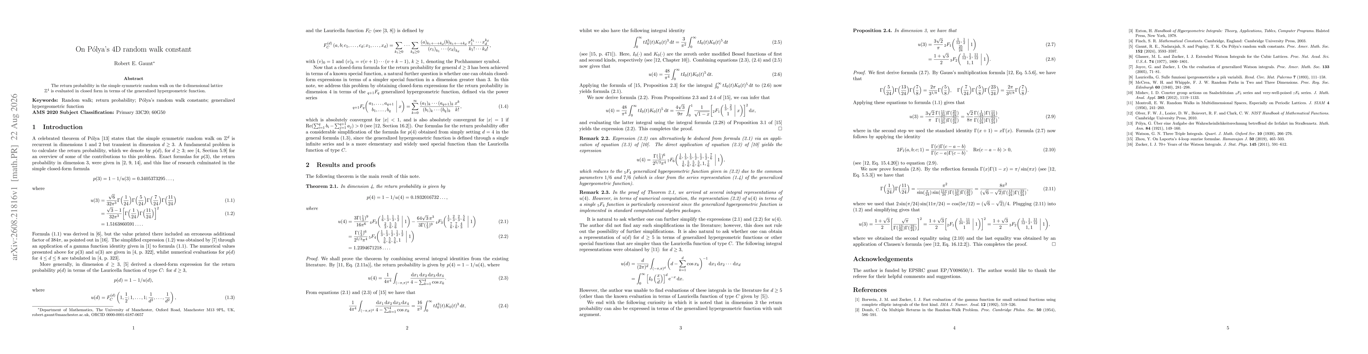 Thumbnail for On Pólya's 4D random walk constant