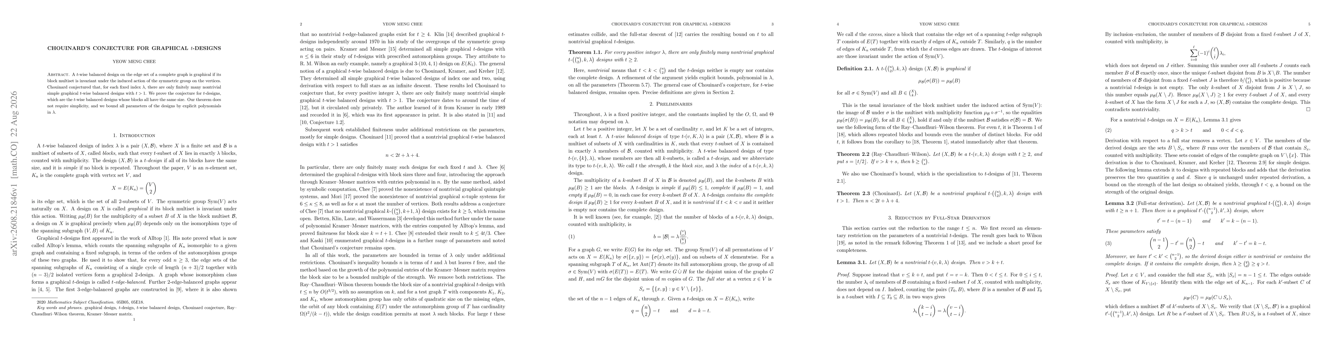 Thumbnail for Chouinard's Conjecture for Graphical t-Designs