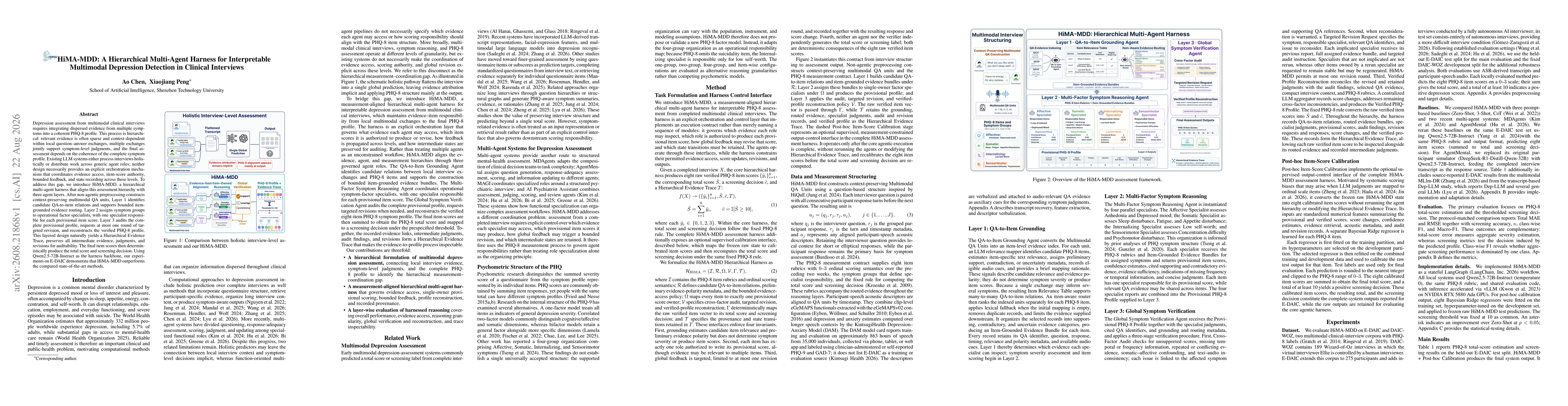 Thumbnail for HiMA-MDD: A Hierarchical Multi-Agent Harness for Interpretable Multimodal Depression Detection in Clinical Interviews