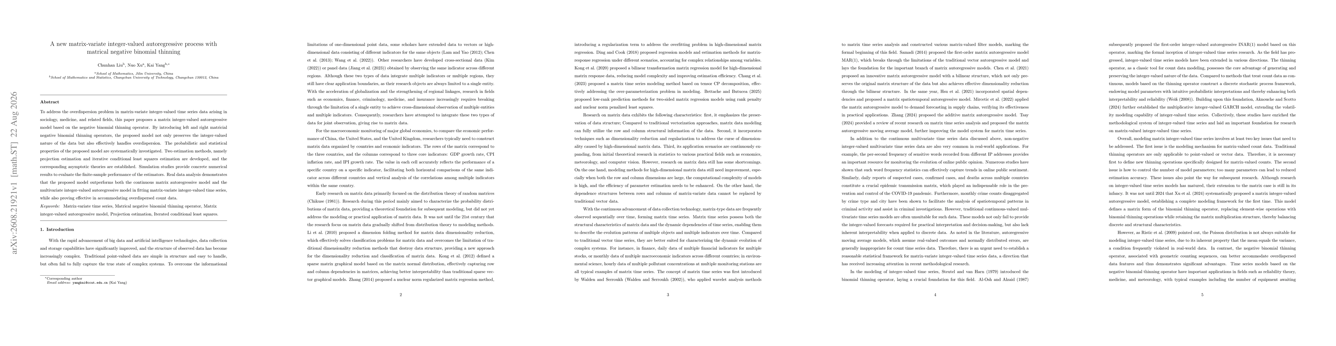 Thumbnail for A new matrix-variate integer-valued autoregressive process with matrical negative binomial thinning