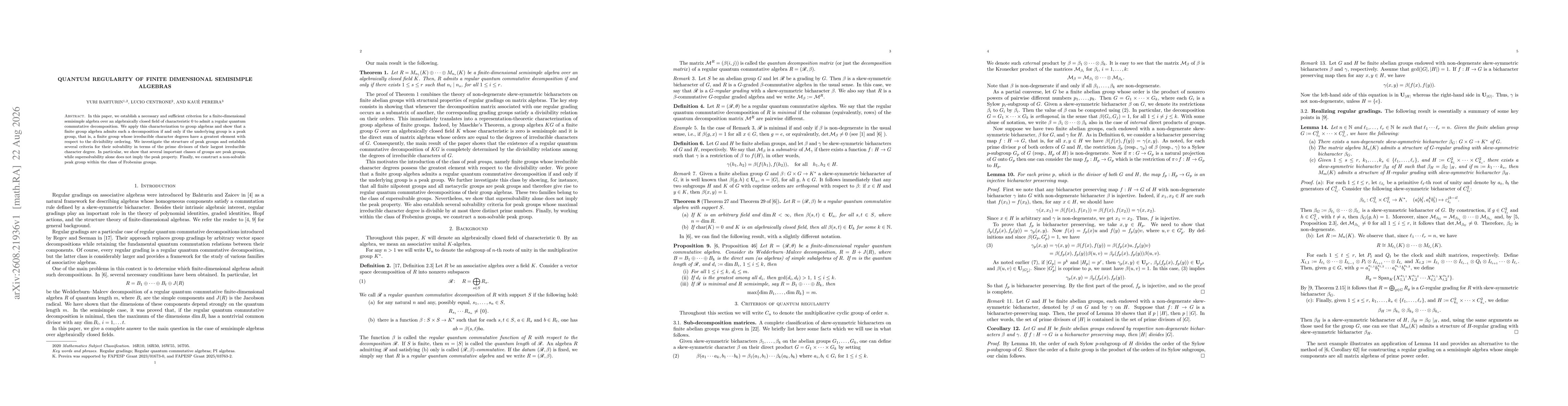 Thumbnail for Quantum regularity of finite dimensional semisimple algebras