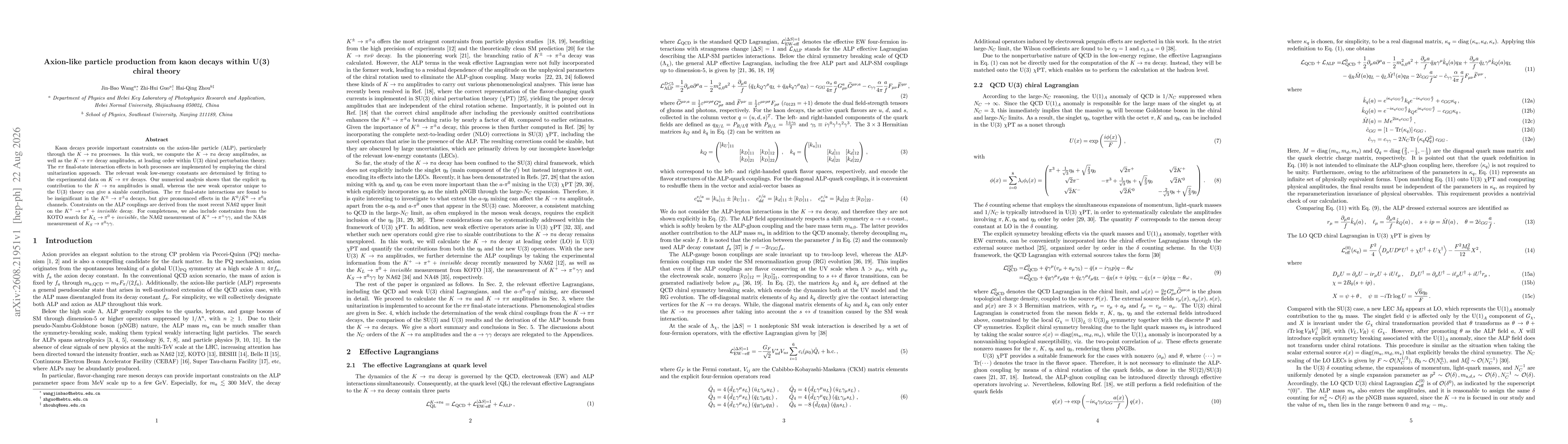 Thumbnail for Axion-like particle production from kaon decays within U(3) chiral theory