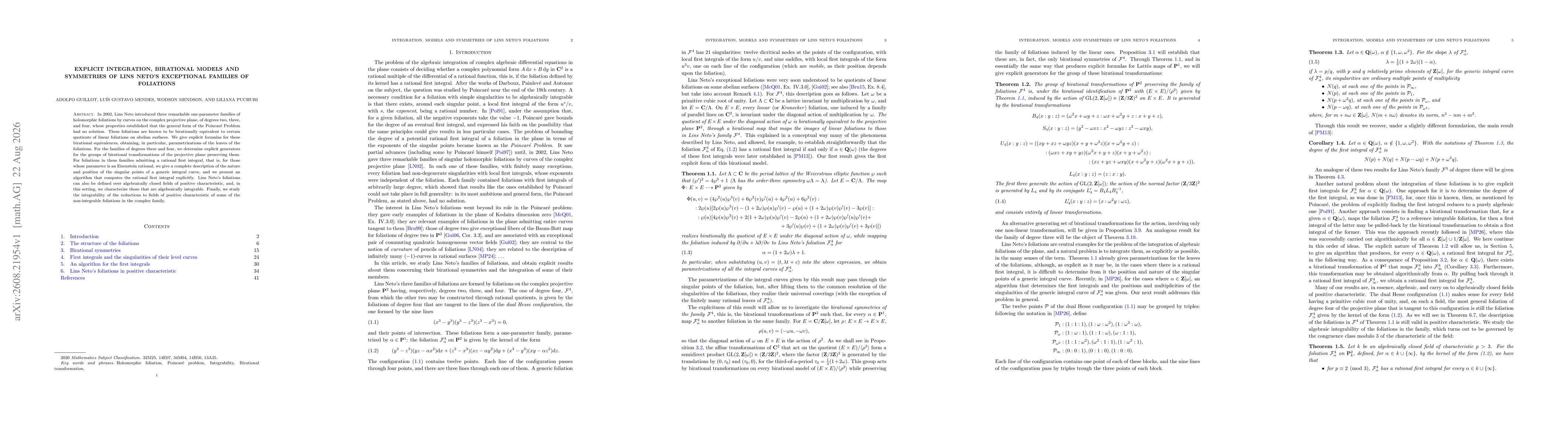 Thumbnail for Explicit integration, birational models and symmetries of Lins Neto's exceptional families of foliations