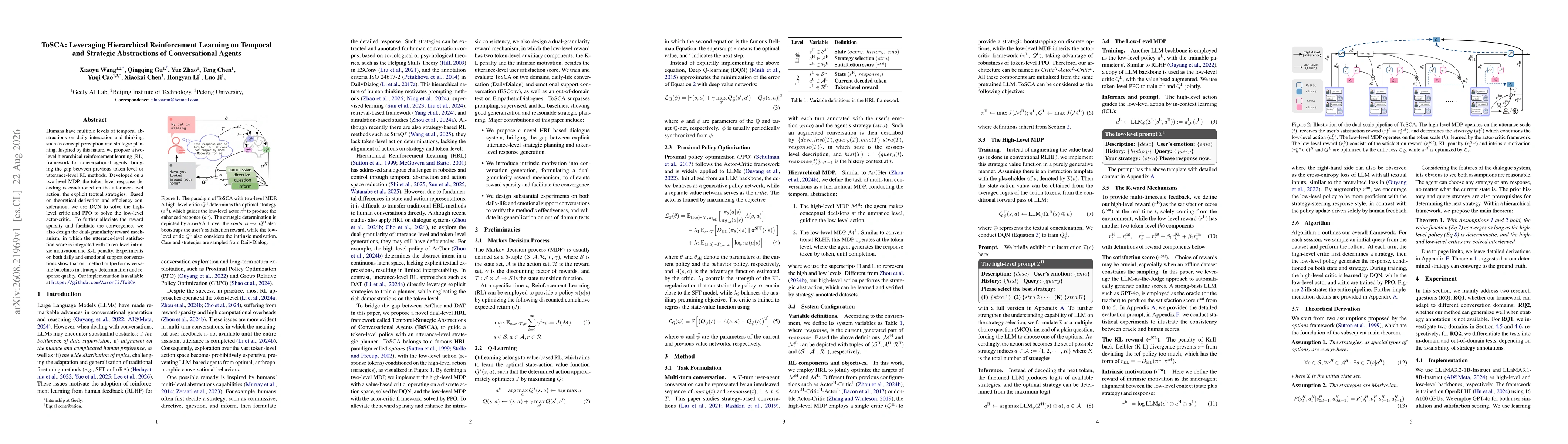 Thumbnail for ToSCA: Leveraging Hierarchical Reinforcement Learning on Temporal and Strategic Abstractions of Conversational Agents