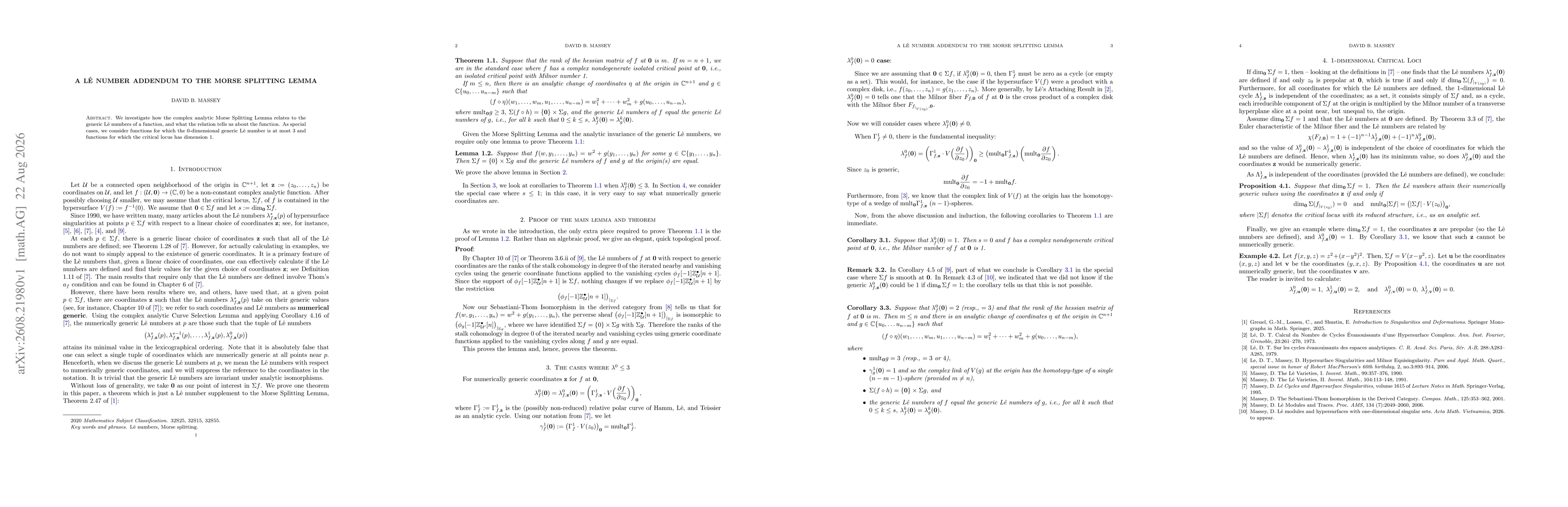 Thumbnail for A Lê number addendum to the Morse Splitting Lemma