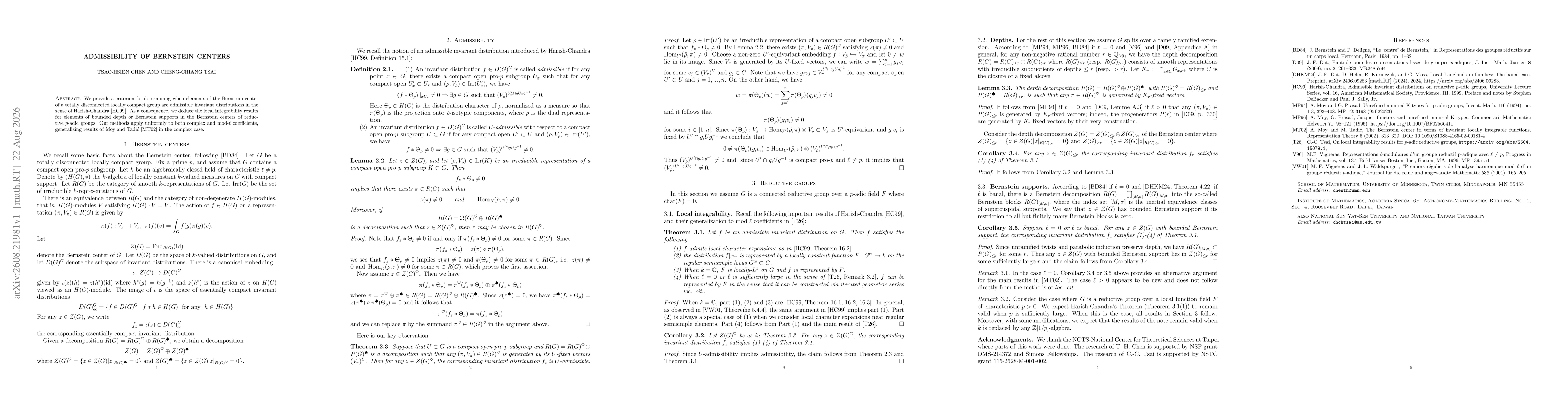 Thumbnail for Admissibility of Bernstein centers