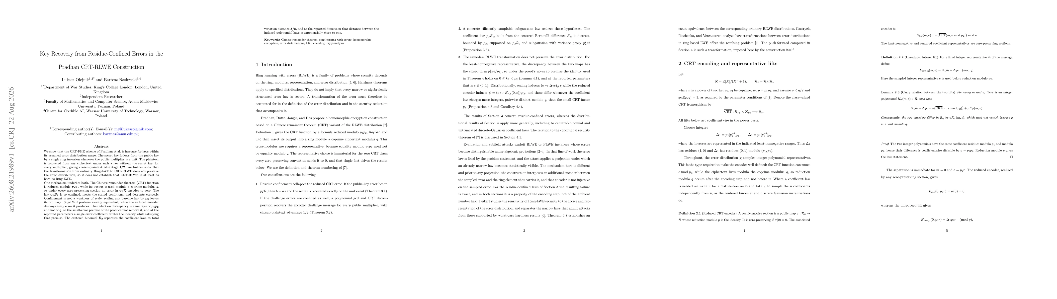 Thumbnail for Key Recovery from Residue-Confined Errors in Pradhan CRT-RLWE