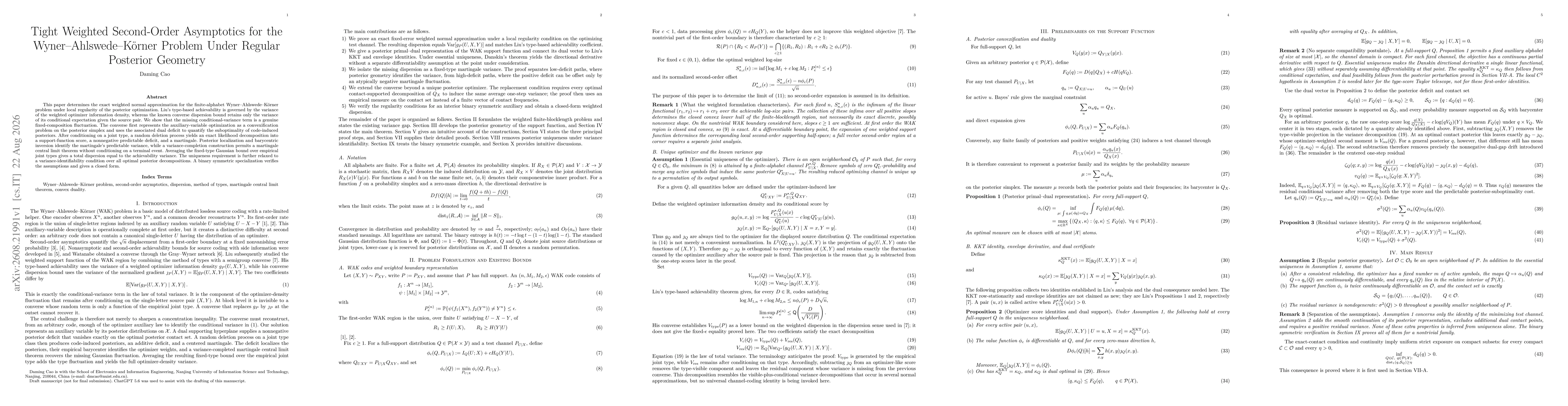Thumbnail for Tight Weighted Second-Order Asymptotics for the Wyner--Ahlswede--Körner Problem Under Regular Posterior Geometry
