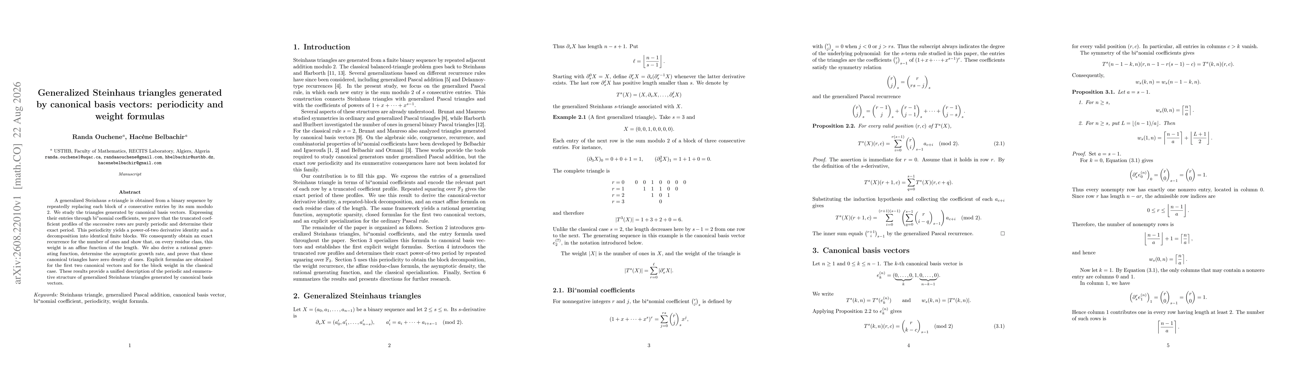 Thumbnail for Generalized Steinhaus triangles generated by canonical basis vectors: periodicity and weight formulas