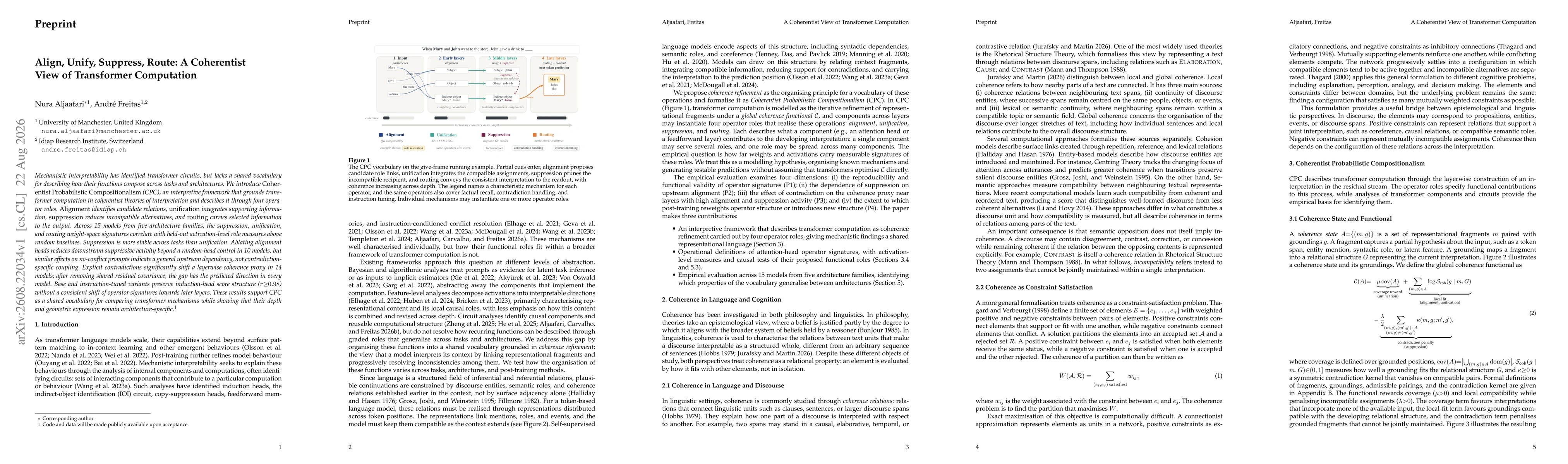 Thumbnail for Align, Unify, Suppress, Route: A Coherentist View of Transformer Computation