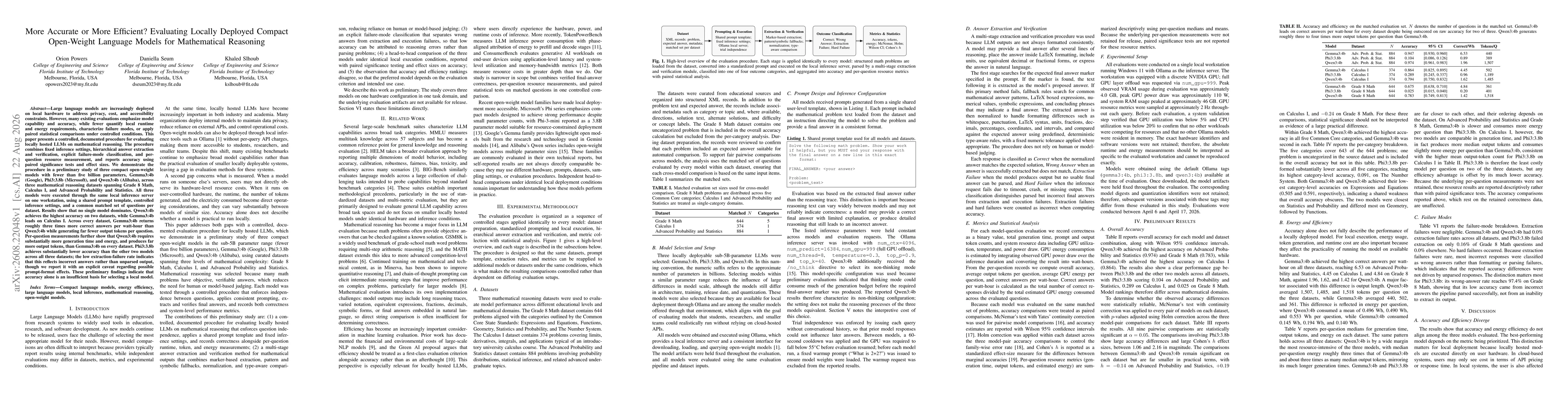 Thumbnail for More Accurate or More Efficient? Evaluating Locally Deployed Compact Open-Weight Language Models for Mathematical Reasoning