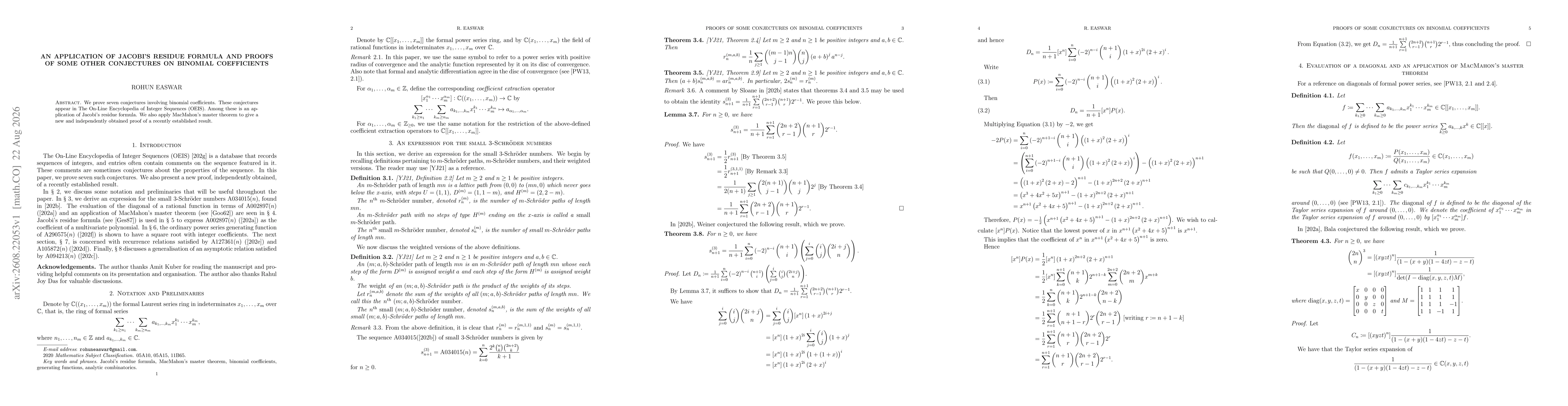 Thumbnail for An application of Jacobi's residue formula and proofs of some other conjectures on binomial coefficients