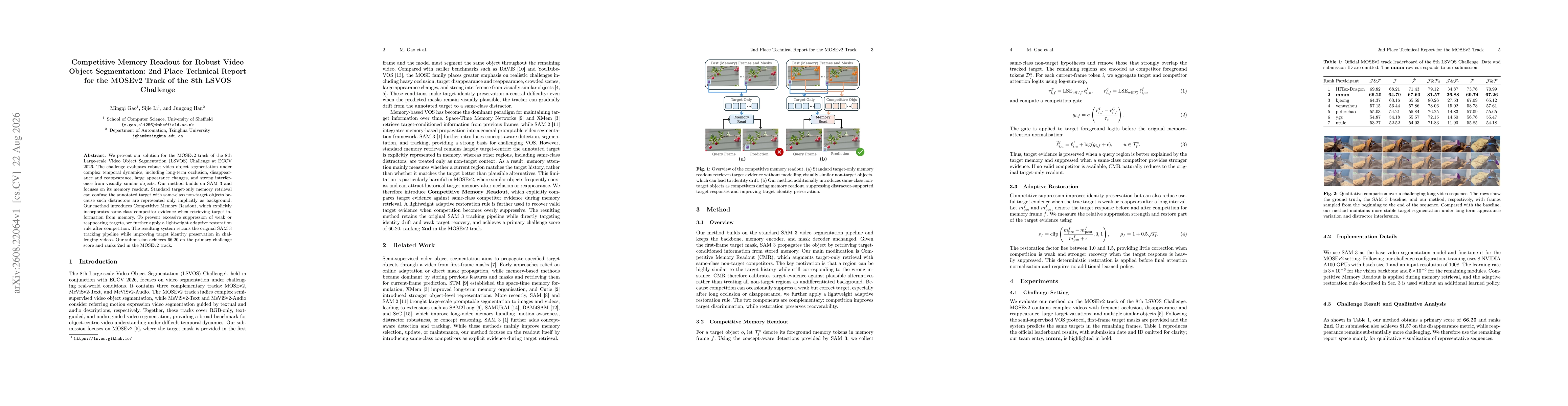 Thumbnail for Competitive Memory Readout for Robust Video Object Segmentation: 2nd Place Technical Report for the MOSEv2 Track of the 8th LSVOS Challenge
