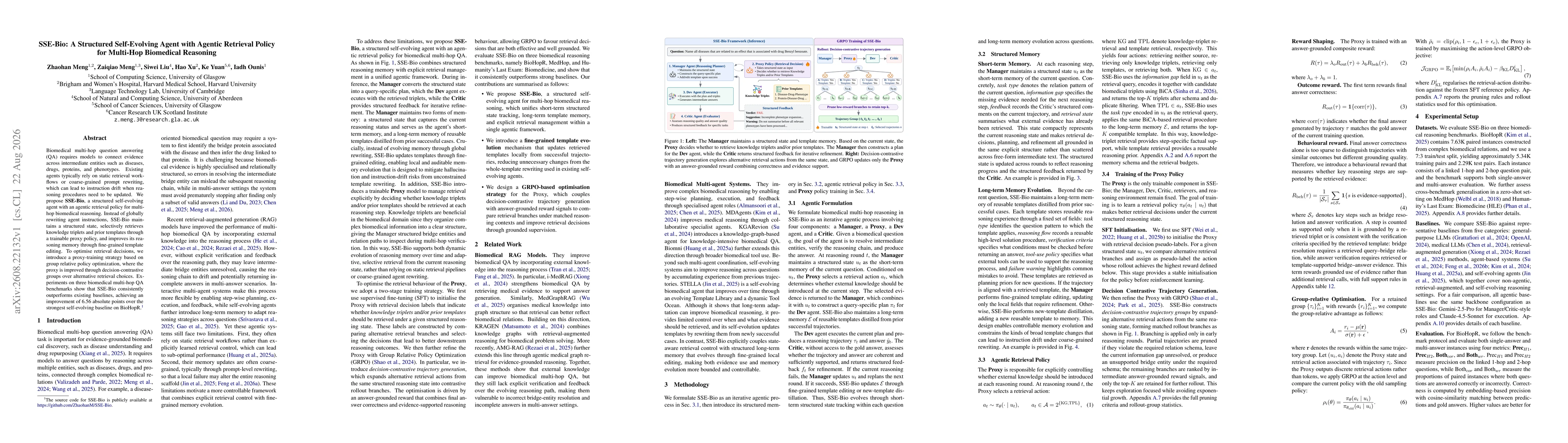 Thumbnail for SSE-Bio: A Structured Self-Evolving Agent with Agentic Retrieval Policy for Multi-Hop Biomedical Reasoning