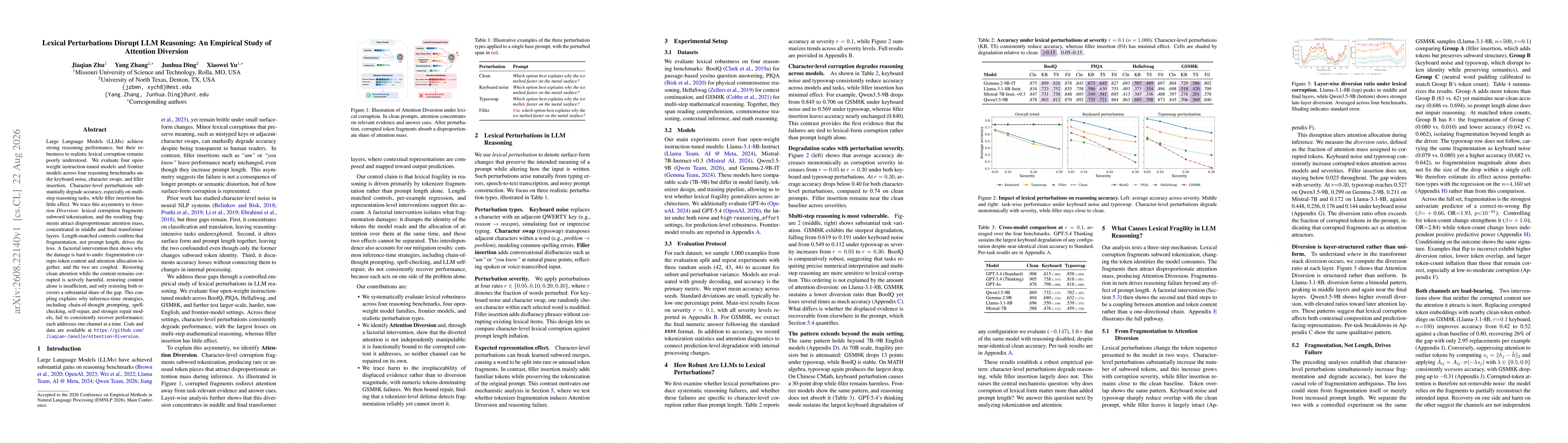Thumbnail for Lexical Perturbations Disrupt LLM Reasoning: An Empirical Study of Attention Diversion