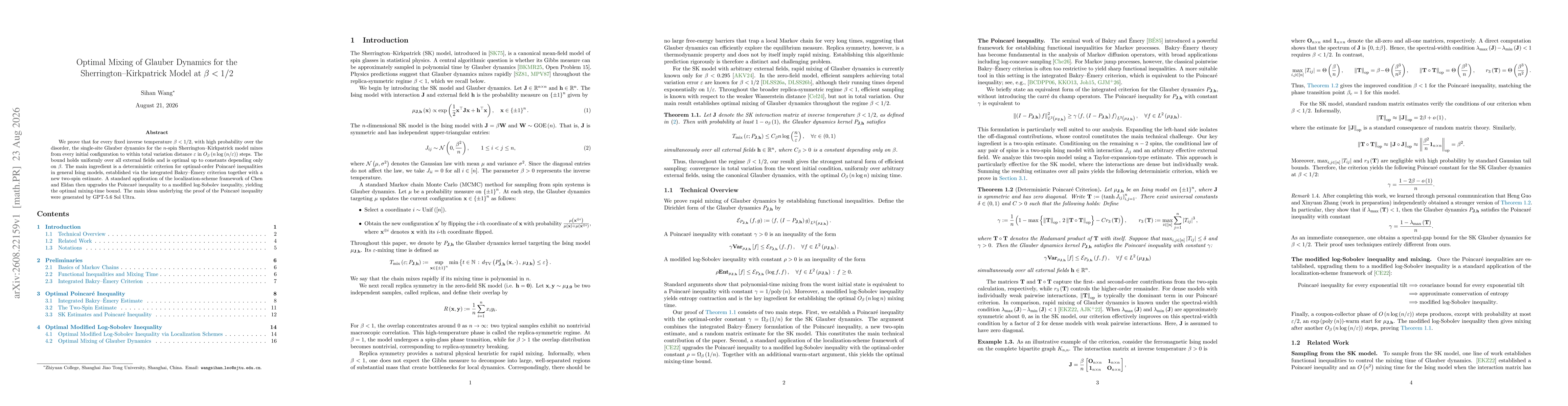 Thumbnail for Optimal Mixing of Glauber Dynamics for the Sherrington-Kirkpatrick Model at $β< 1/2$
