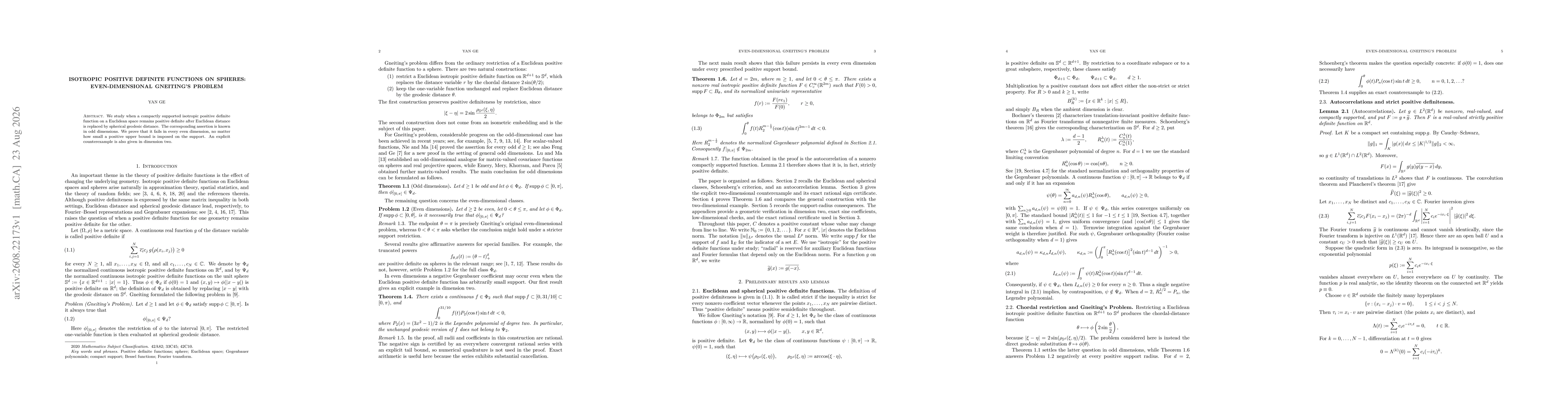 Thumbnail for Isotropic Positive Definite Functions on Spheres: Even-Dimensional Gneiting's Problem
