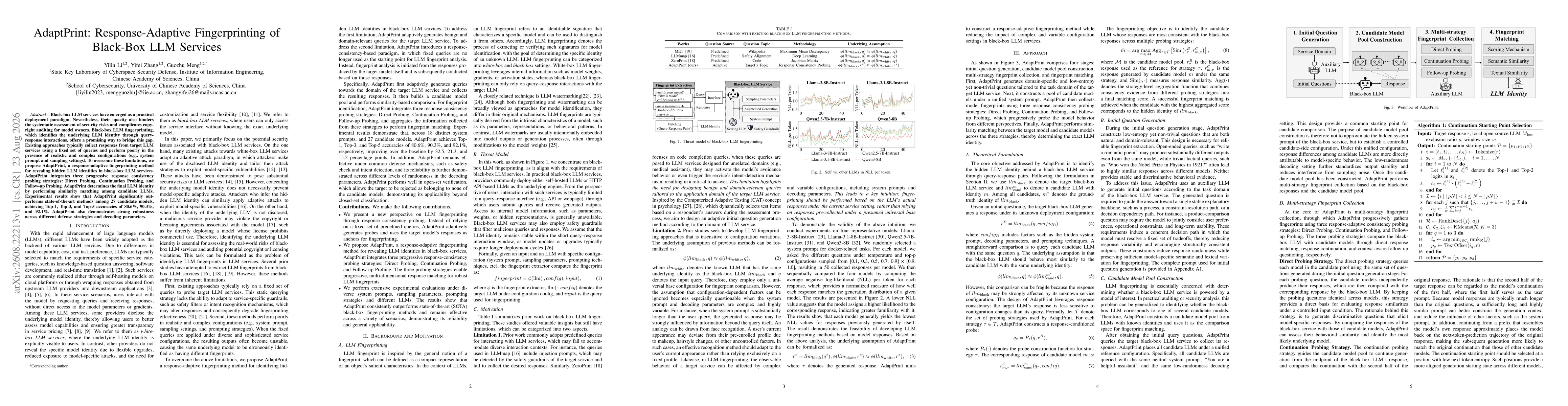 Thumbnail for AdaptPrint: Response-Adaptive Fingerprinting of Black-Box LLM Services