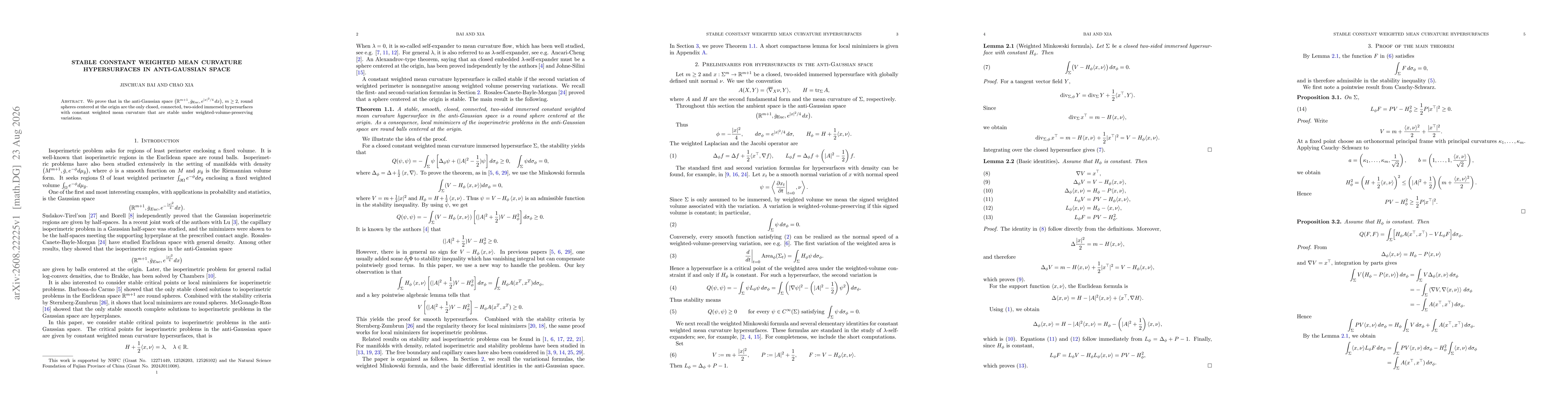 Thumbnail for Stable constant weighted mean curvature hypersurfaces in anti-Gaussian space