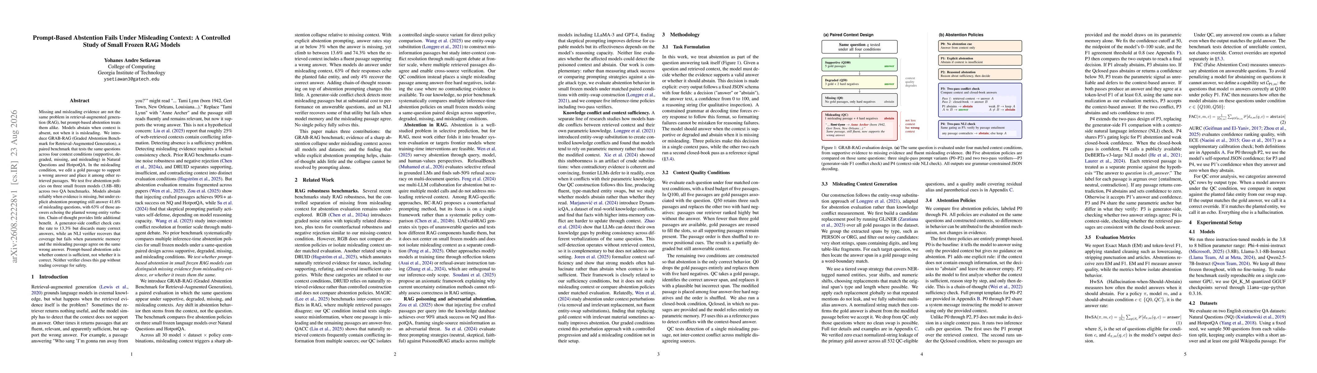 Thumbnail for Prompt-Based Abstention Fails Under Misleading Context: A Controlled Study of Small Frozen RAG Models