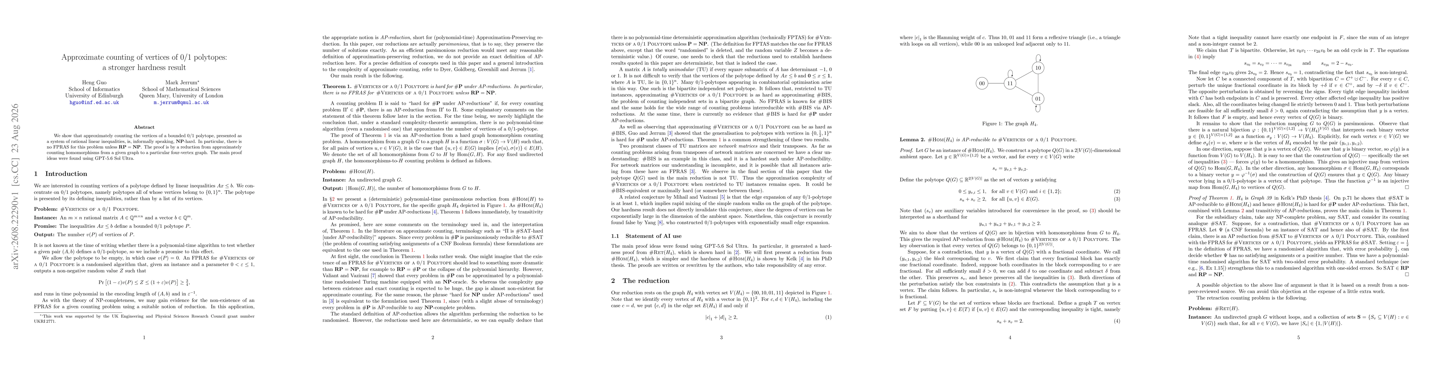 Thumbnail for Approximate counting of vertices of 0/1 polytopes: a stronger hardness result