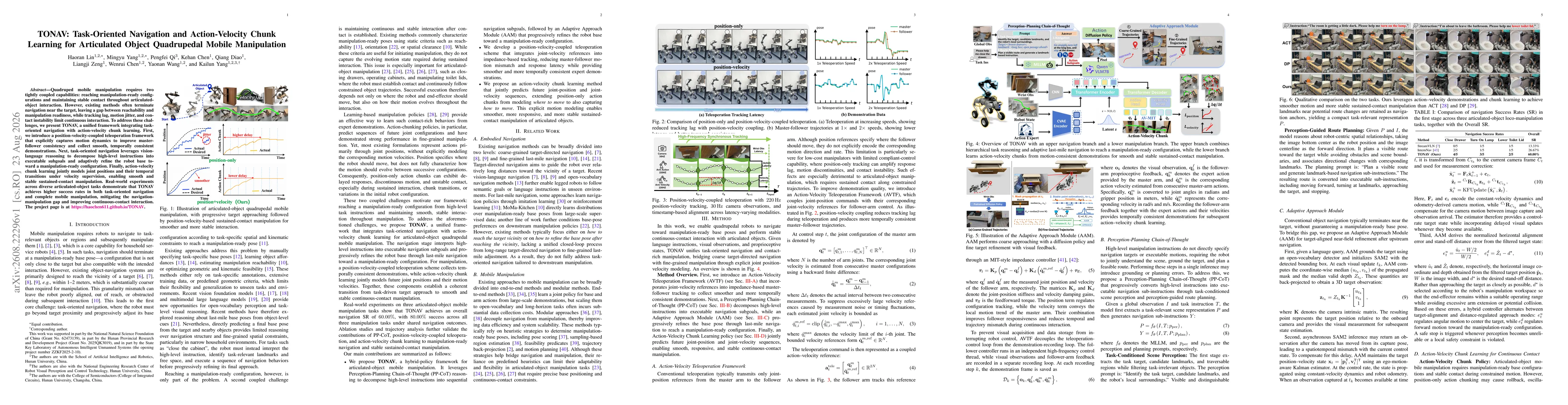 Thumbnail for TONAV: Task-Oriented Navigation and Action-Velocity Chunk Learning for Articulated Object Quadrupedal Mobile Manipulation