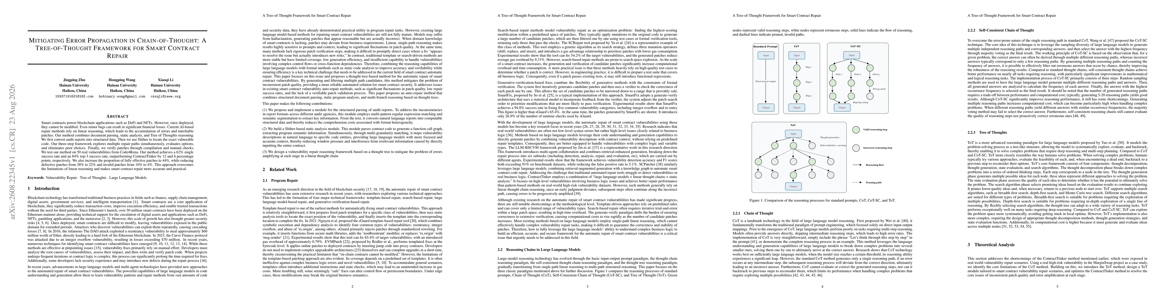 Thumbnail for Mitigating Error Propagation in Chain-of-Thought: A Tree-of-Thought Framework for Smart Contract Repair