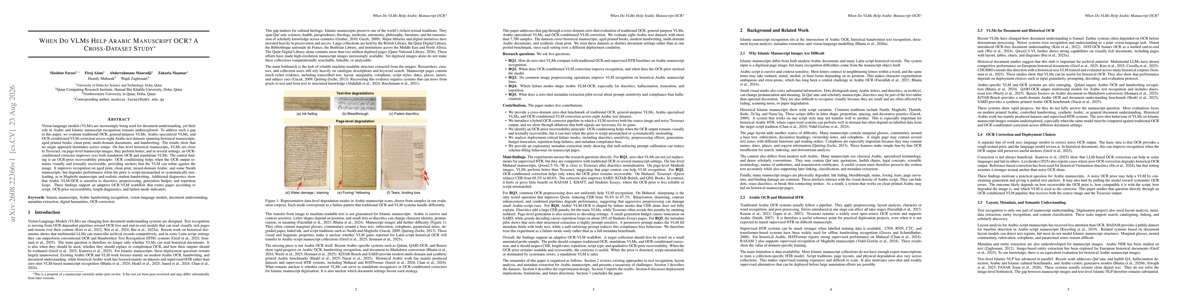 Thumbnail for When Do VLMs Help Arabic Manuscript OCR? A Cross-Dataset Study