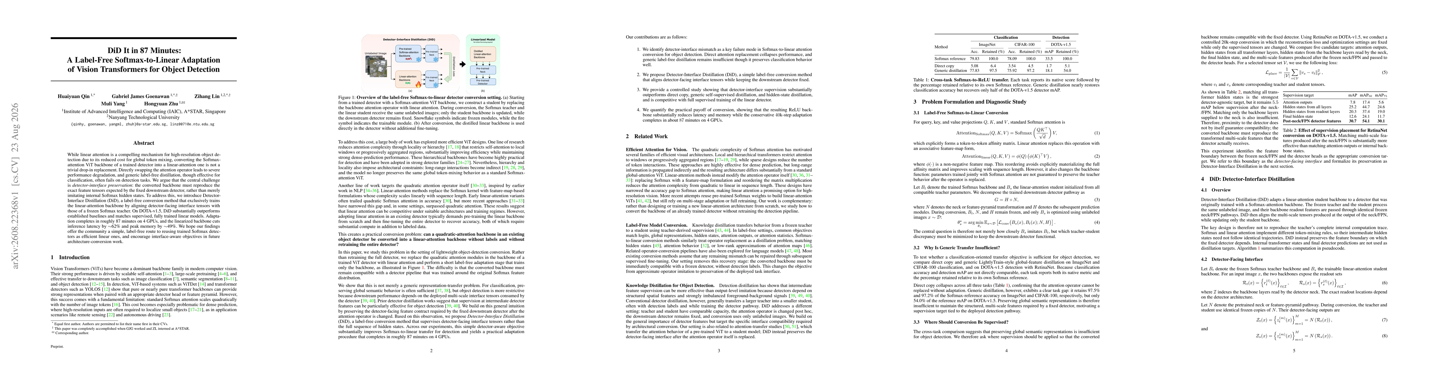Thumbnail for DiD It in 87 Minutes: A Label-Free Softmax-to-Linear Adaptation of Vision Transformers for Object Detection