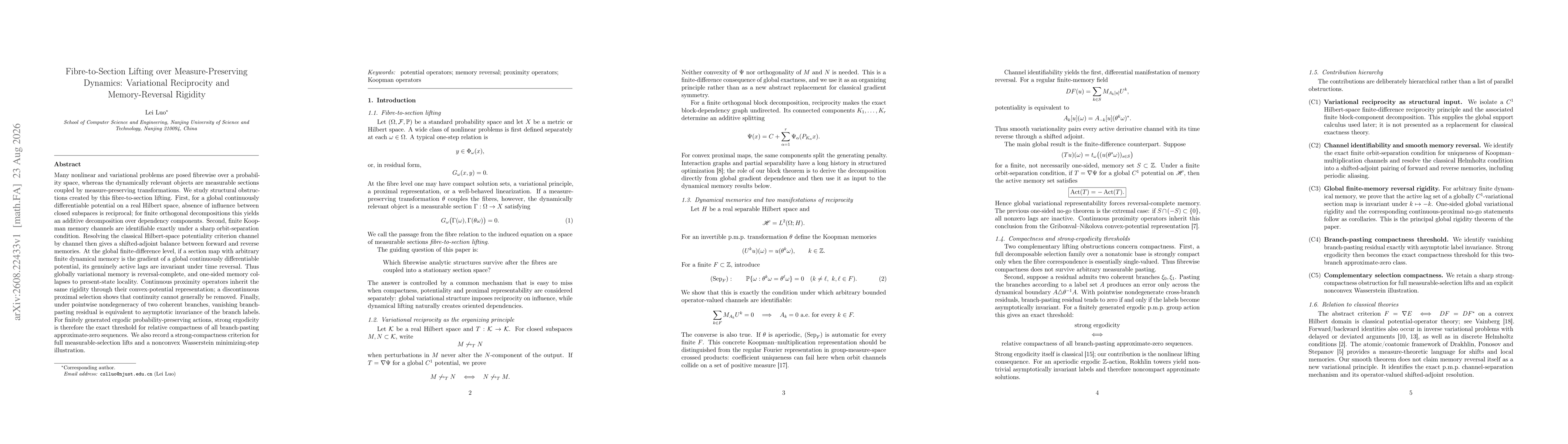Thumbnail for Fibre-to-Section Lifting over Measure-Preserving Dynamics: Variational Reciprocity and Memory-Reversal Rigidity