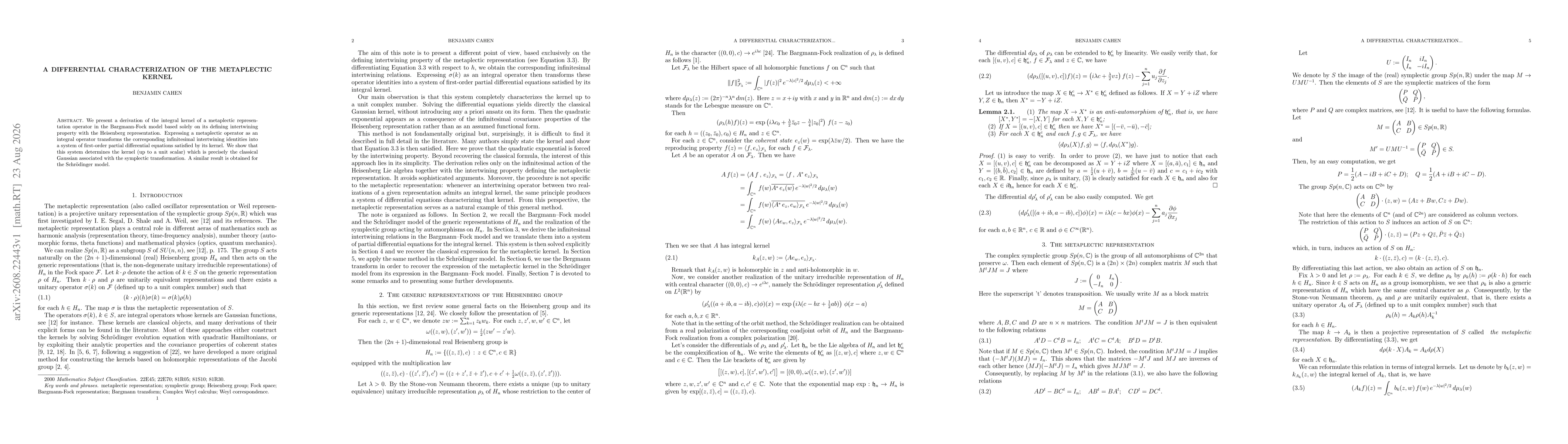 Thumbnail for A Differential Characterization of the Metaplectic Kernel