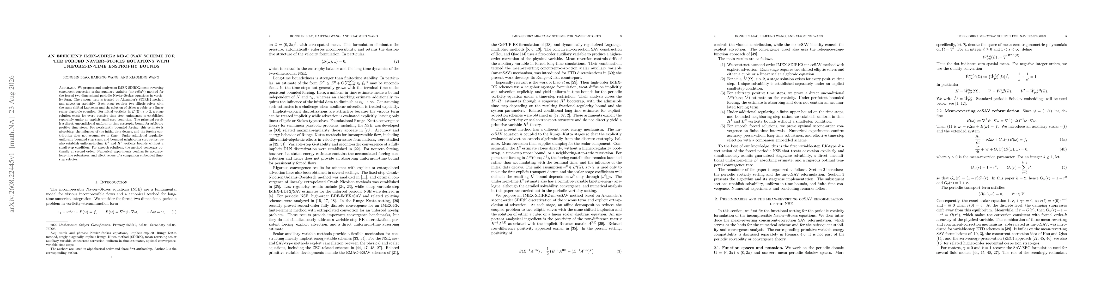 Thumbnail for An Efficient IMEX-SDIRK2 mr-ccSAV Scheme for the Forced Navier--Stokes Equations with Uniform-in-Time Enstrophy Bounds