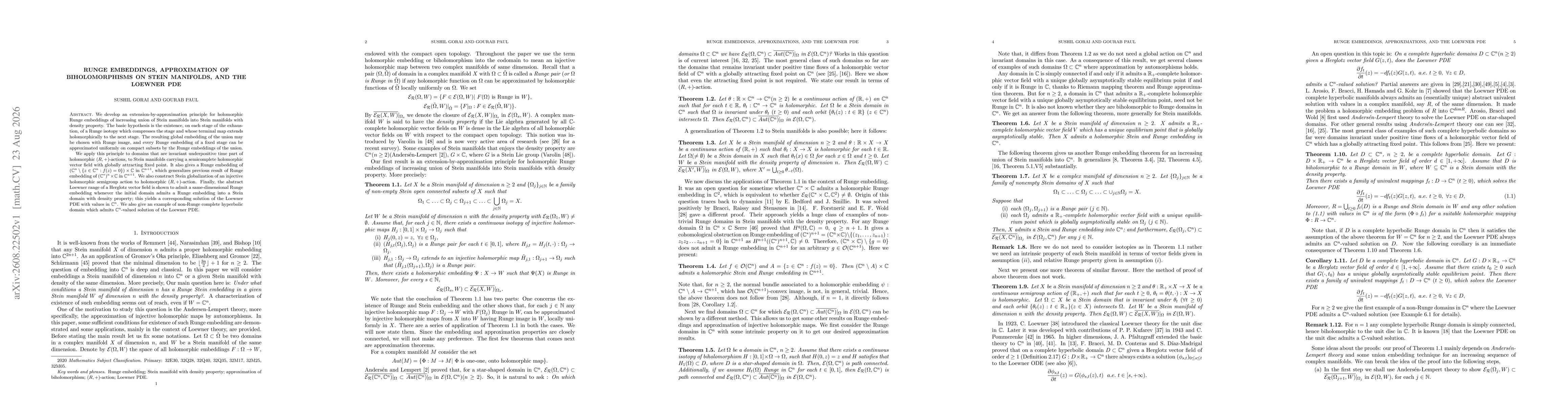Thumbnail for Runge embeddings, approximation of biholomorphisms on Stein manifolds, and the Loewner PDE