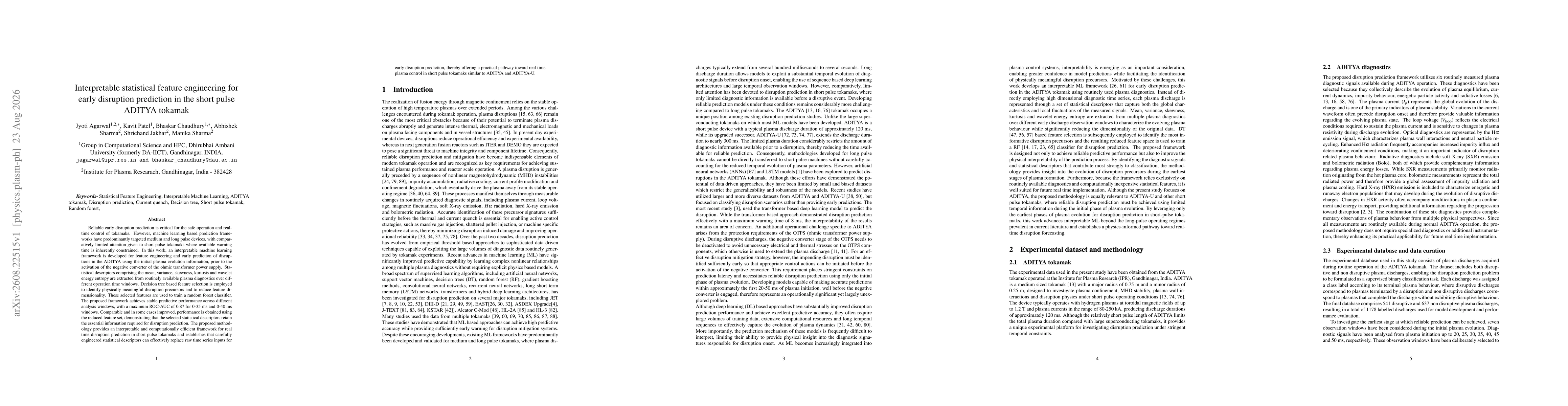 Thumbnail for Interpretable statistical feature engineering for early disruption prediction in the short pulse ADITYA tokamak