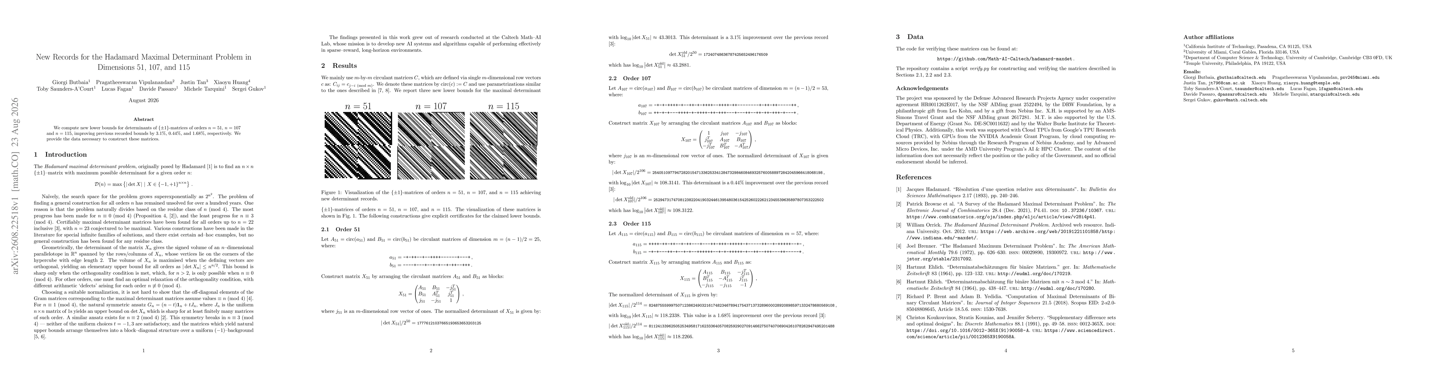 Thumbnail for New Records for the Hadamard Maximal Determinant Problem in Dimensions $51$, $107$, and $115$