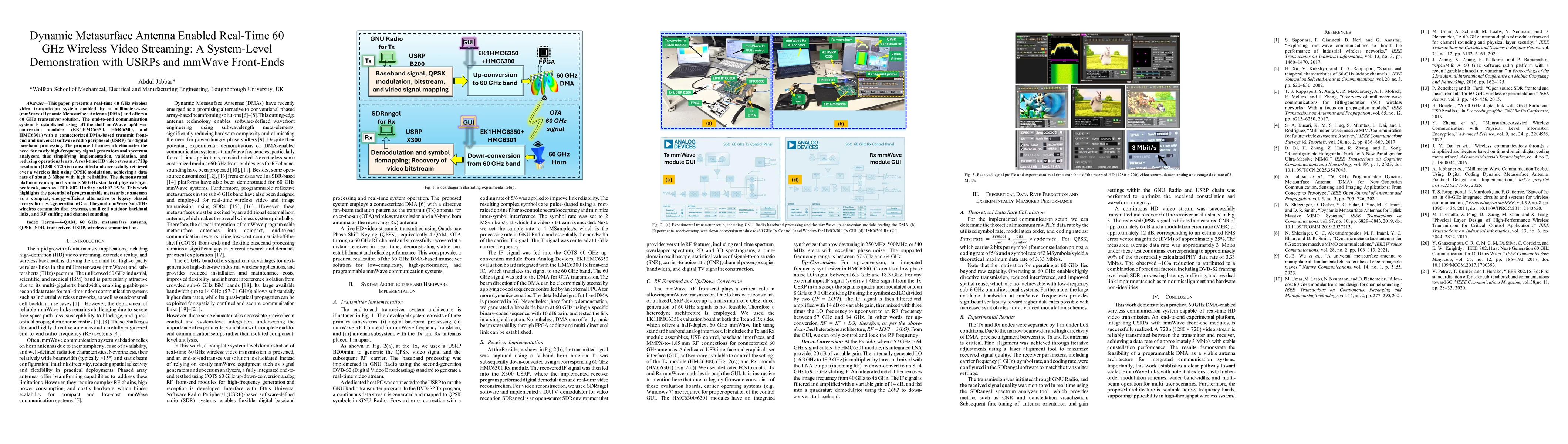 Thumbnail for Dynamic Metasurface Antenna Enabled Real-Time 60 GHz Wireless Video Streaming: A System-Level Demonstration with USRPs and mmWave Front-Ends