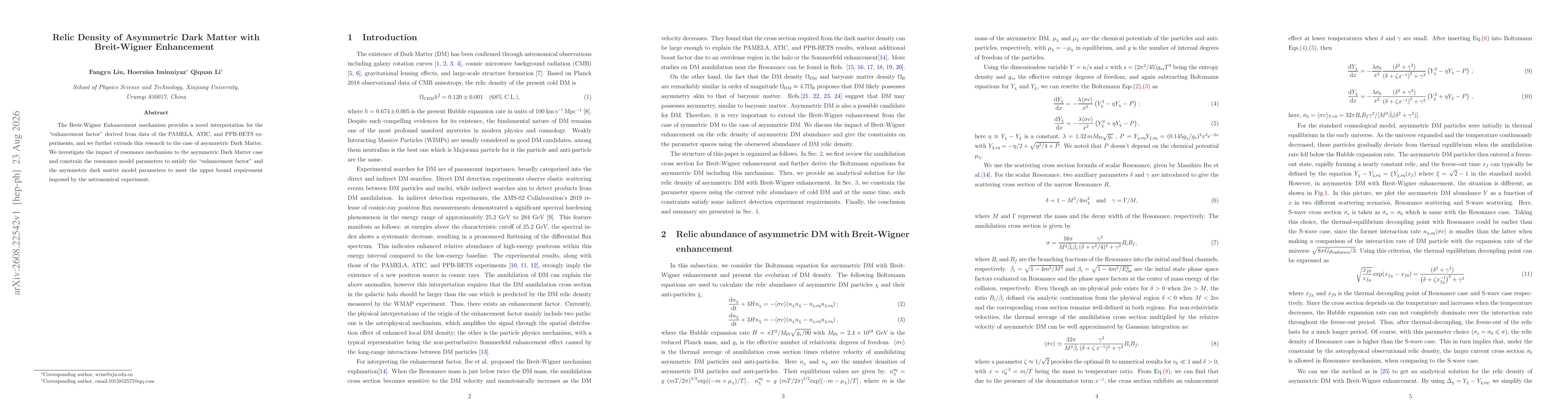 Thumbnail for Relic Density of Asymmetric Dark Matter with Breit-Wigner Enhancement