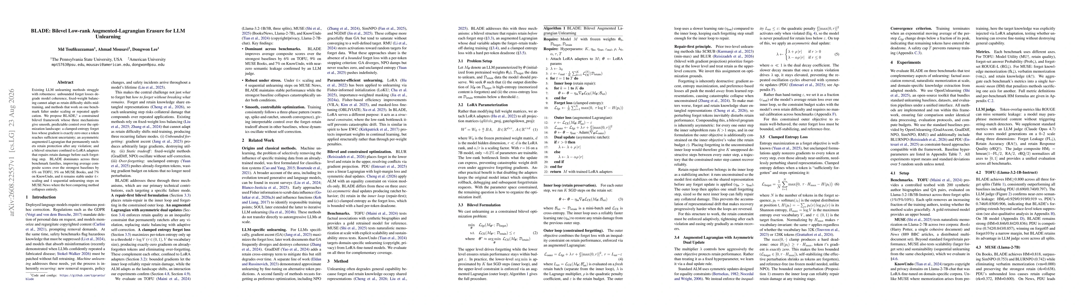 Thumbnail for BLADE: Bilevel Low-rank Augmented-Lagrangian Erasure for LLM Unlearning