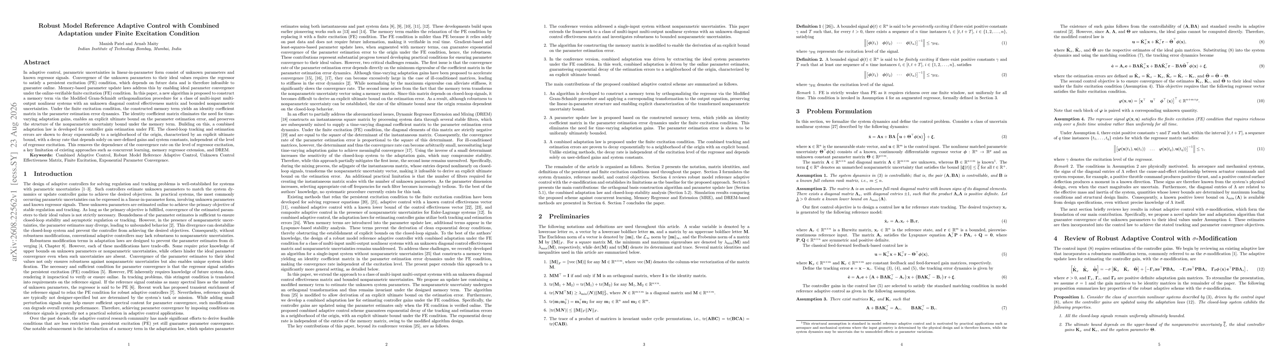 Thumbnail for Robust Model Reference Adaptive Control with Combined Adaptation under Finite Excitation Condition