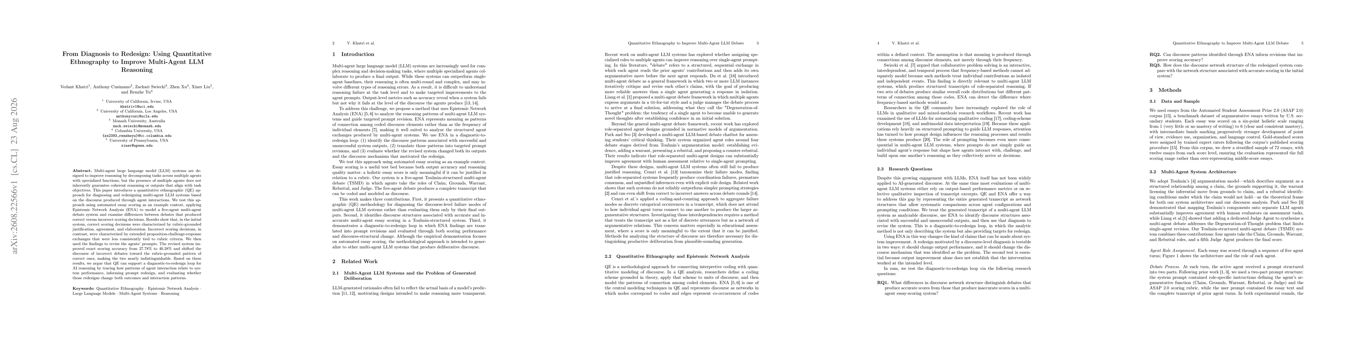 Thumbnail for From Diagnosis to Redesign: Using Quantitative Ethnography to Improve Multi-Agent LLM Reasoning