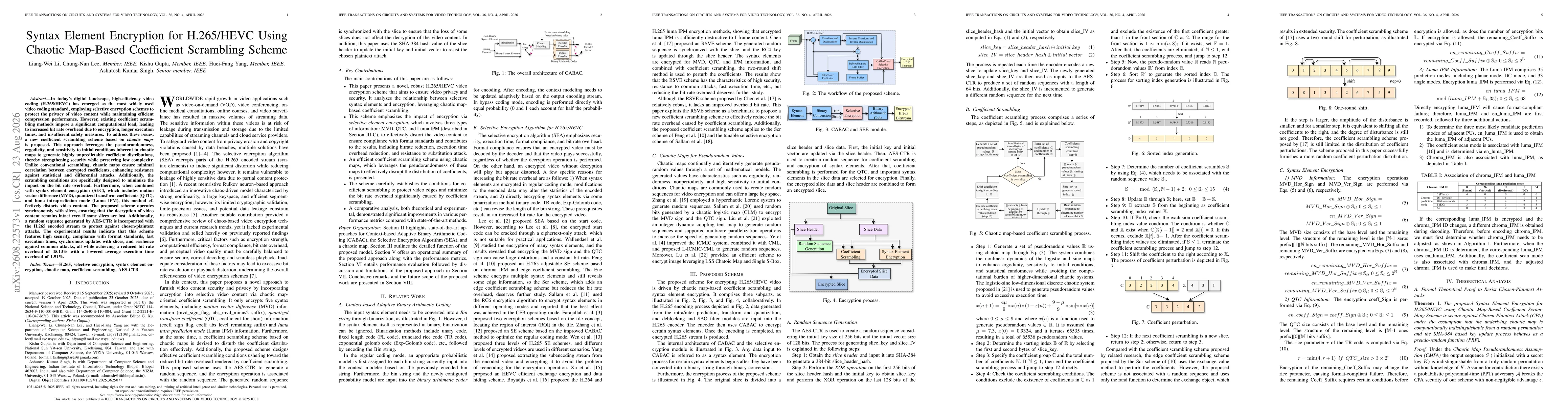 Thumbnail for Syntax Element Encryption for H.265/HEVC Using Chaotic Map-Based Coefficient Scrambling Scheme