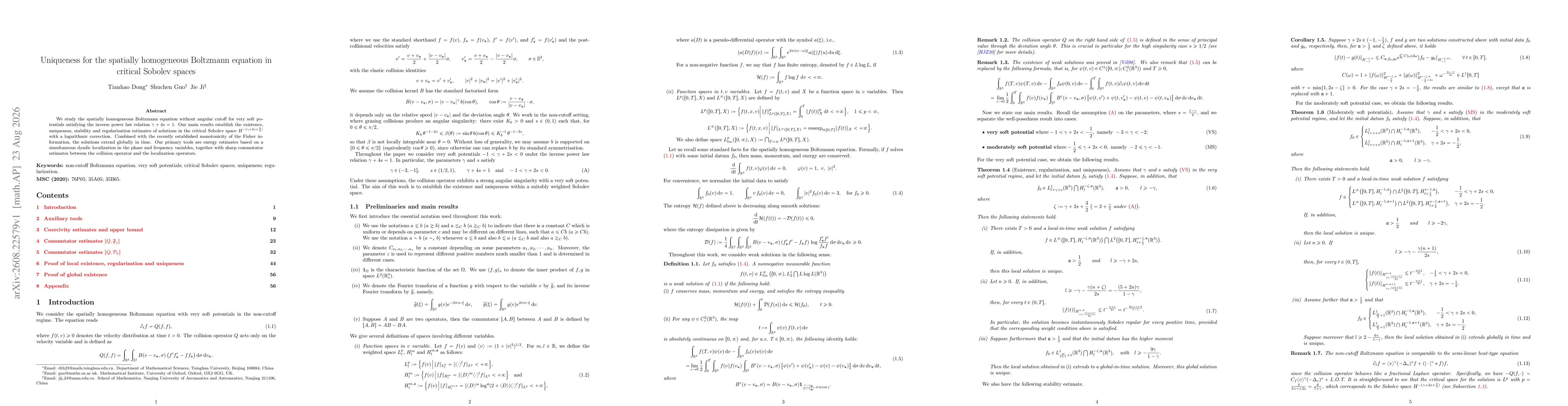 Thumbnail for Uniqueness for the spatially homogeneous Boltzmann equation in critical Sobolev spaces
