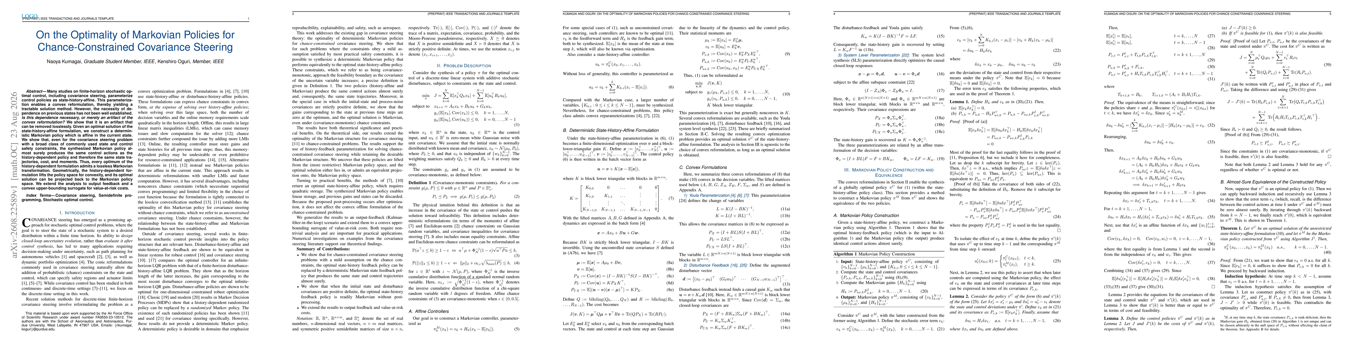 Thumbnail for On the Optimality of Markovian Policies for Chance-Constrained Covariance Steering