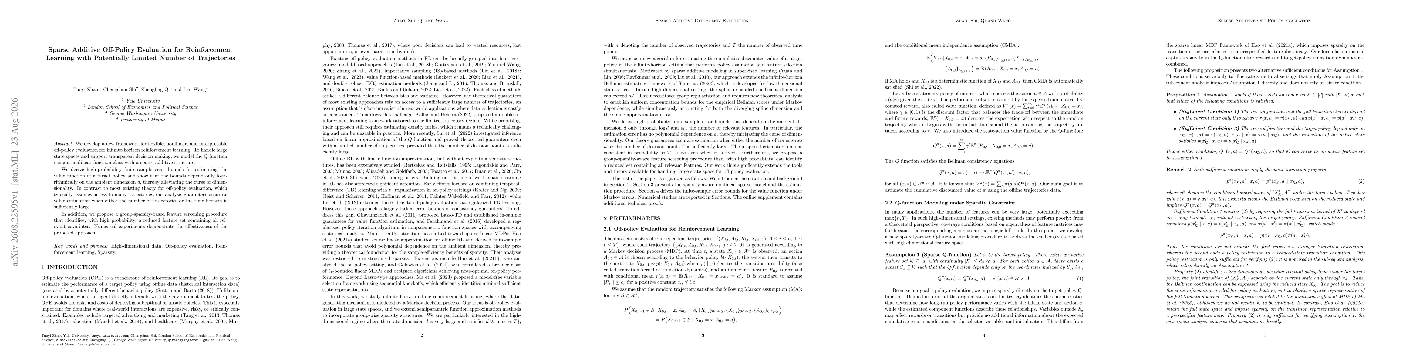 Thumbnail for Sparse Additive Off-Policy Evaluation for Reinforcement Learning with Potentially Limited Number of Trajectories