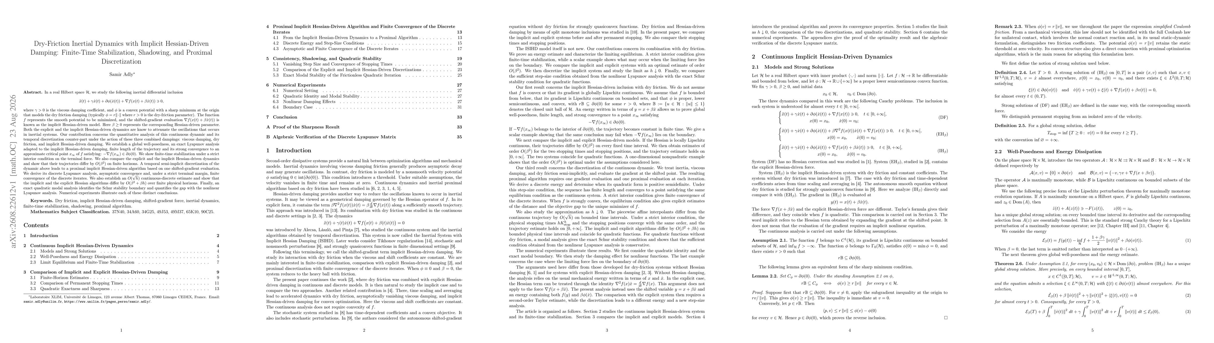 Thumbnail for Dry-Friction Inertial Dynamics with Implicit Hessian-Driven Damping: Finite-Time Stabilization, Shadowing, and Proximal Discretization