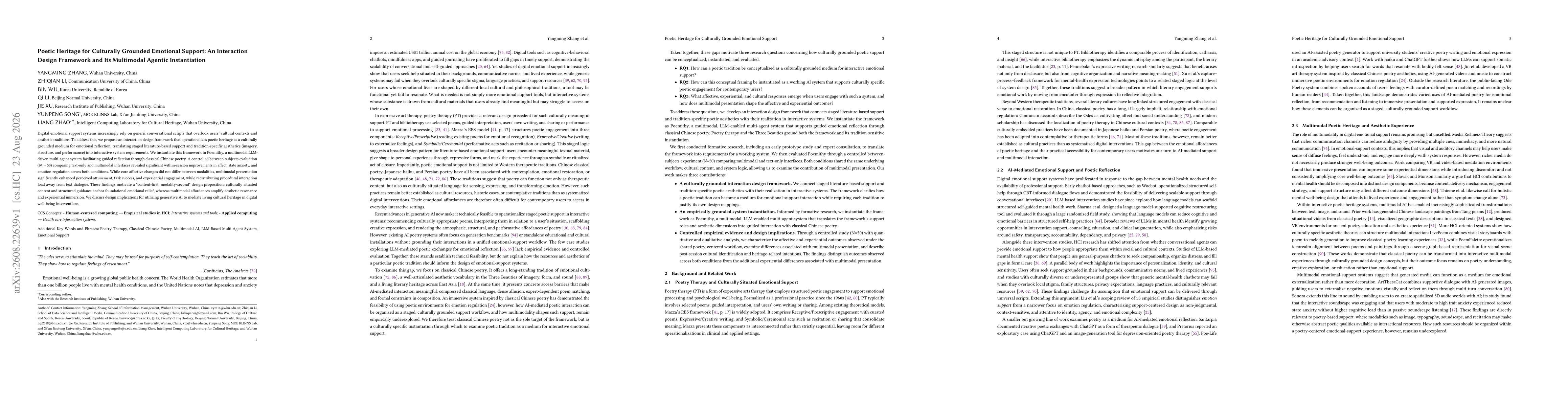 Thumbnail for Poetic Heritage for Culturally Grounded Emotional Support: An Interaction Design Framework and Its Multimodal Agentic Instantiation
