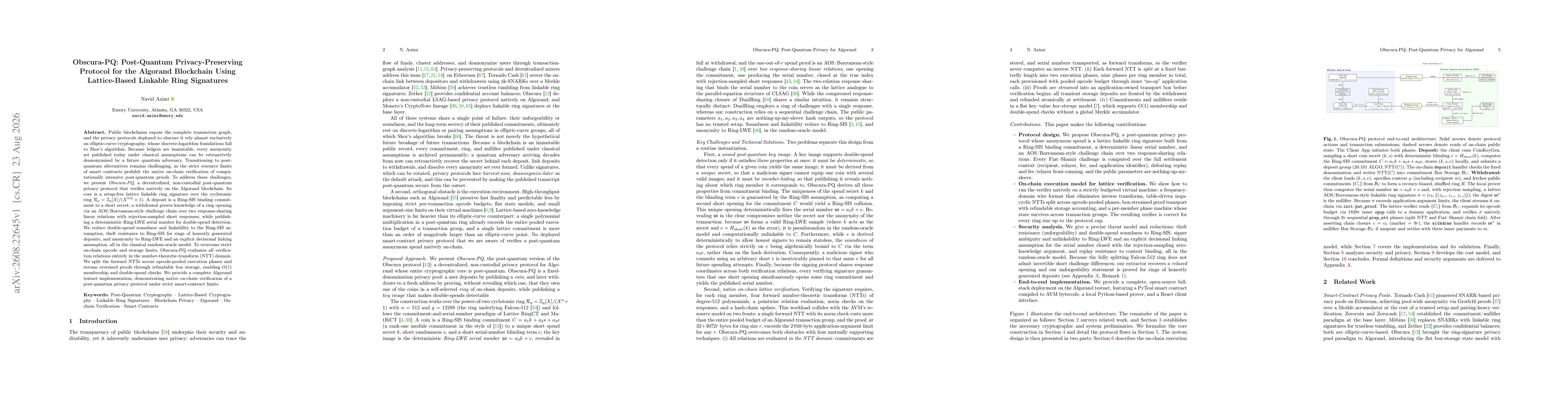 Thumbnail for Obscura-PQ: Post-Quantum Privacy-Preserving Protocol for the Algorand Blockchain Using Lattice-Based Linkable Ring Signatures