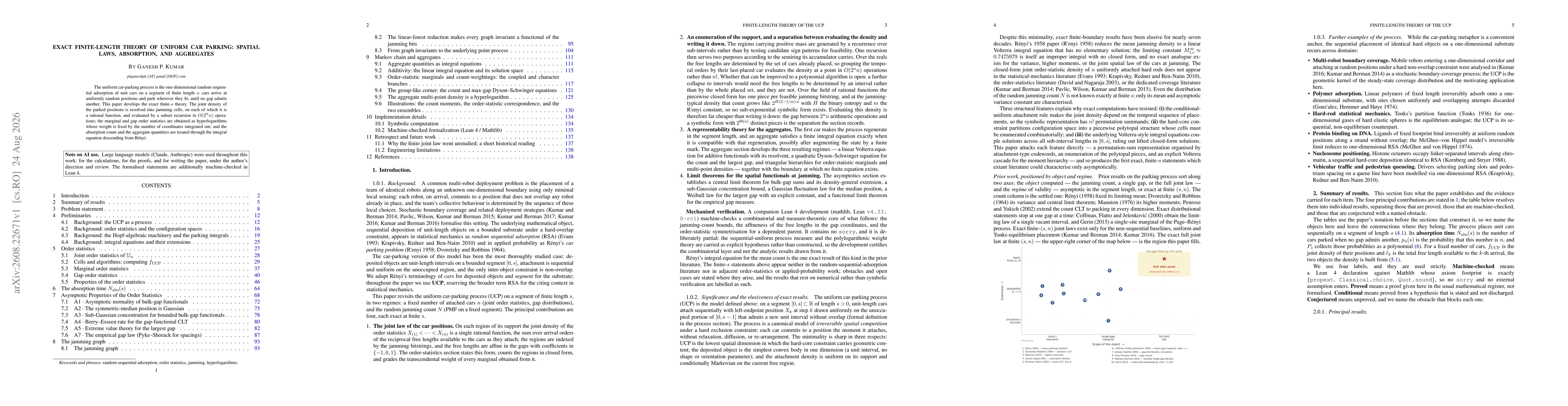 Thumbnail for Exact Finite-Length Theory of Uniform Car Parking: Spatial Laws, Absorption, and Aggregation