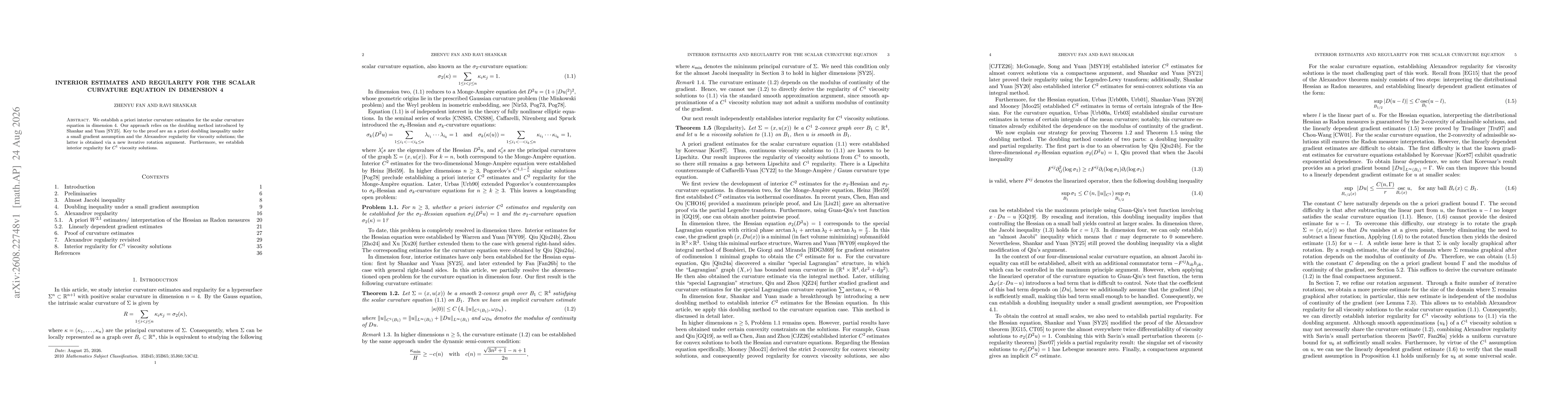 Thumbnail for Interior estimates and regularity for the scalar curvature equation in dimension 4