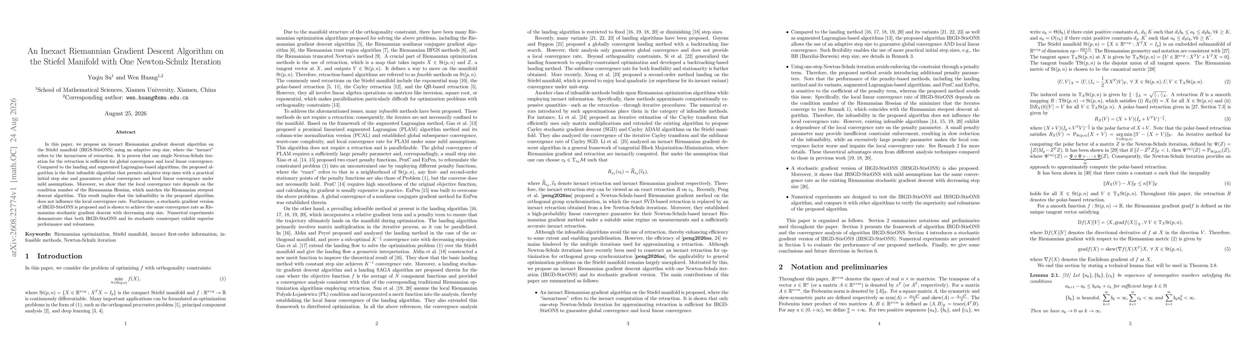 Thumbnail for An Inexact Riemannian Gradient Descent Algorithm on the Stiefel Manifold with One Newton-Schulz Iteration